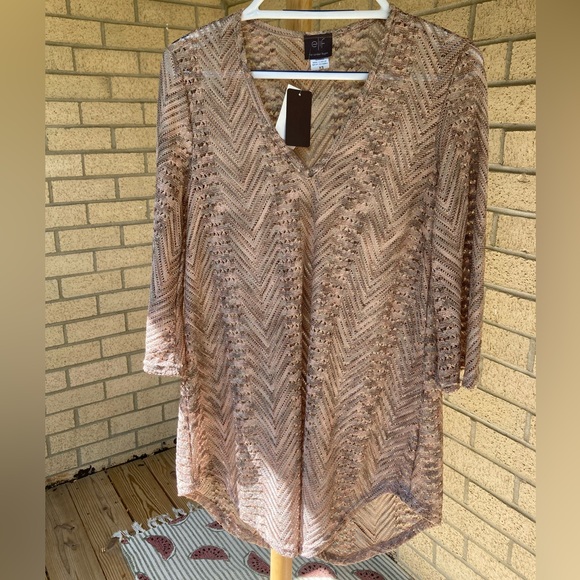 Elif Open Knit V Neck Shiny Metallic Pink Grey Swim Cover Up Tunic Bell Sleeves - Picture 16 of 16